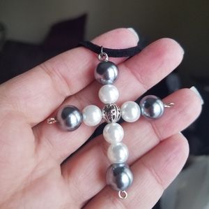 Gray & Off White Faux Pearl Large Cross Choker Necklace Handmade NWT